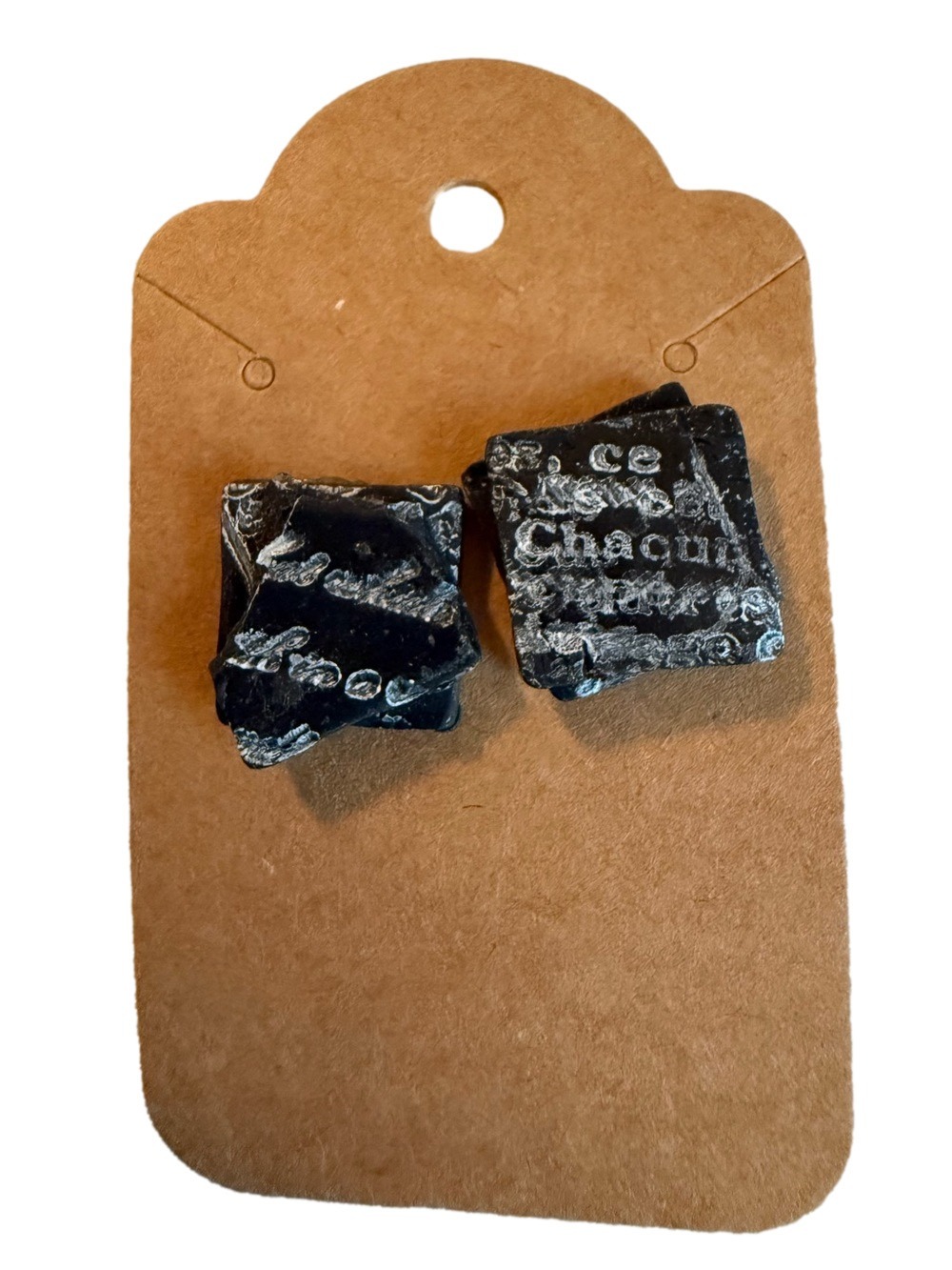 Black Square Textured Stud Earrings with White Distressed Script